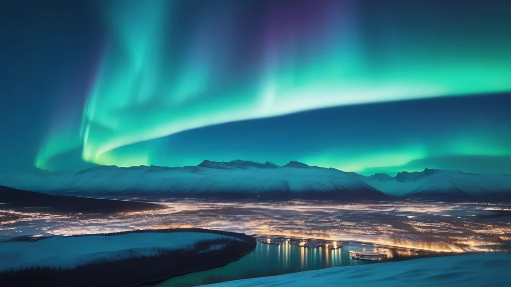 Auroras boreales sobre Akureyri, norte de Islandia, con luces de la ciudad