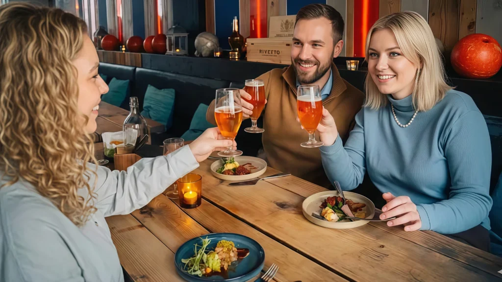 Tres comensales brindando con cerveza en un restaurante de Reikiavik, mesa de madera con platos locales
