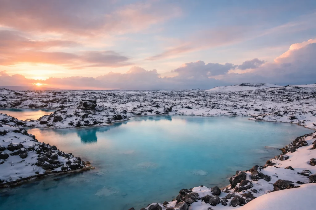Blue Lagoon natural al atardecer con nieve y agua turquesa en Islandia