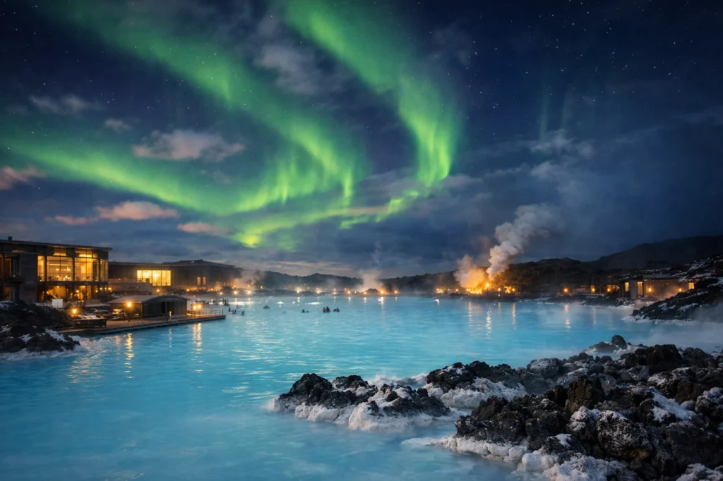 Auroras boreales sobre Blue Lagoon en Islandia de noche