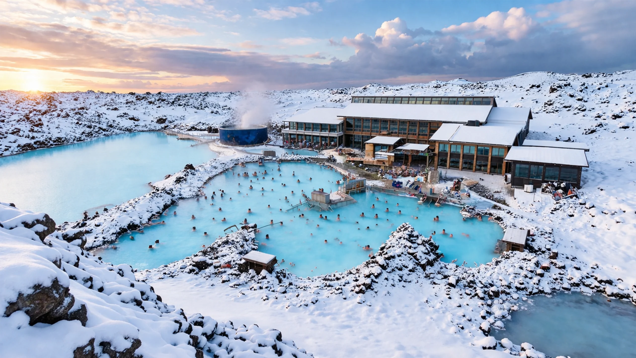 Blue Lagoon en Islandia con aguas termales azules y nieve en invierno.