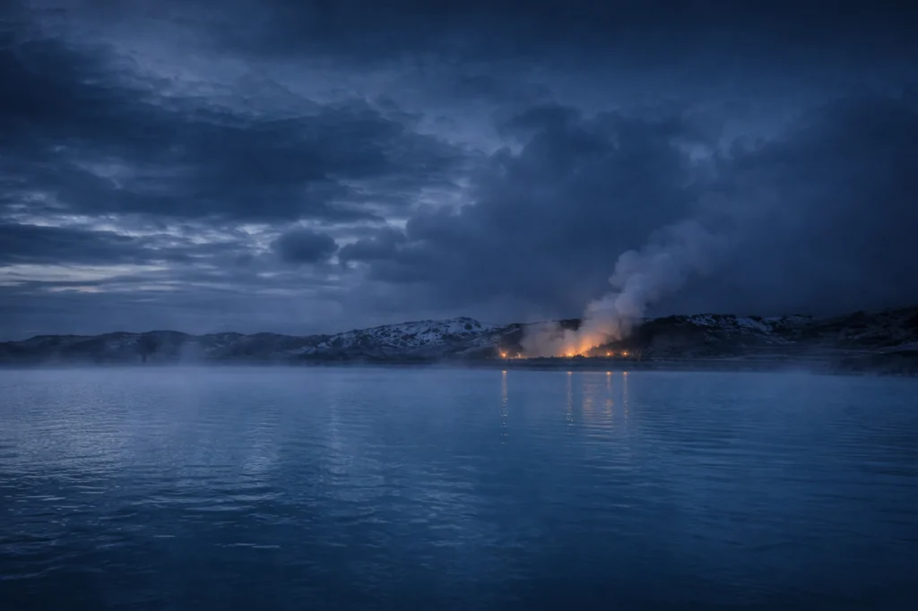 Blue Lagoon de noche con luces y vapor geotérmico en Islandia