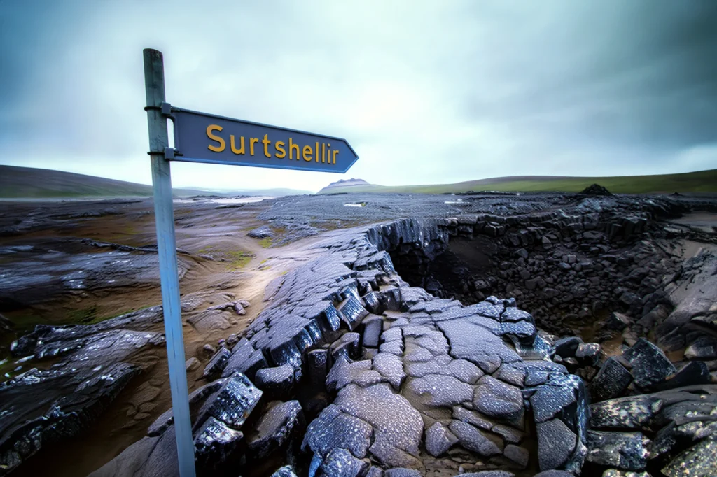 Entrada a la cueva de lava Surtshellir con formaciones de basalto y señal indicativa en Islandia.