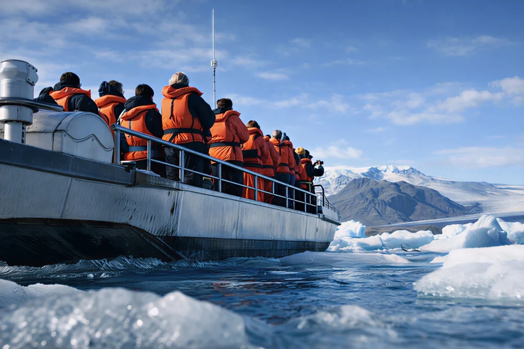 Turistas en barco navegando entre icebergs en la laguna glaciar Jökulsárlón Islandia
