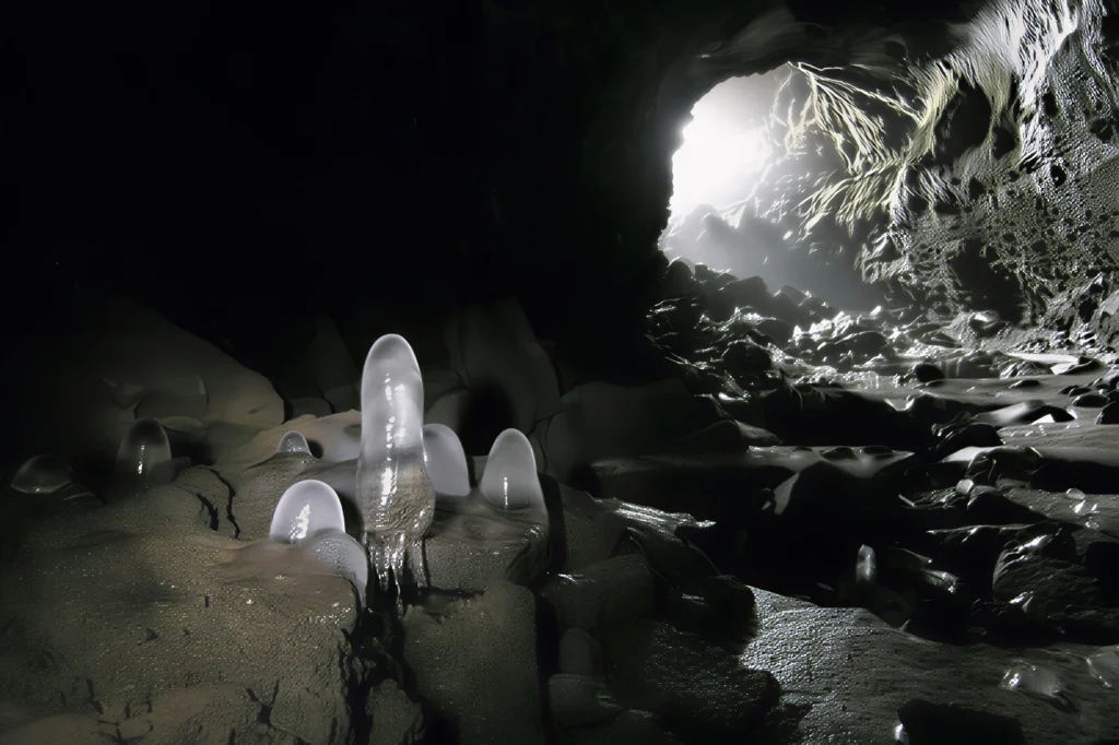 Formaciones de hielo en el interior de la cueva de lava Surtshellir con luz entrando desde el exterior en Islandia.