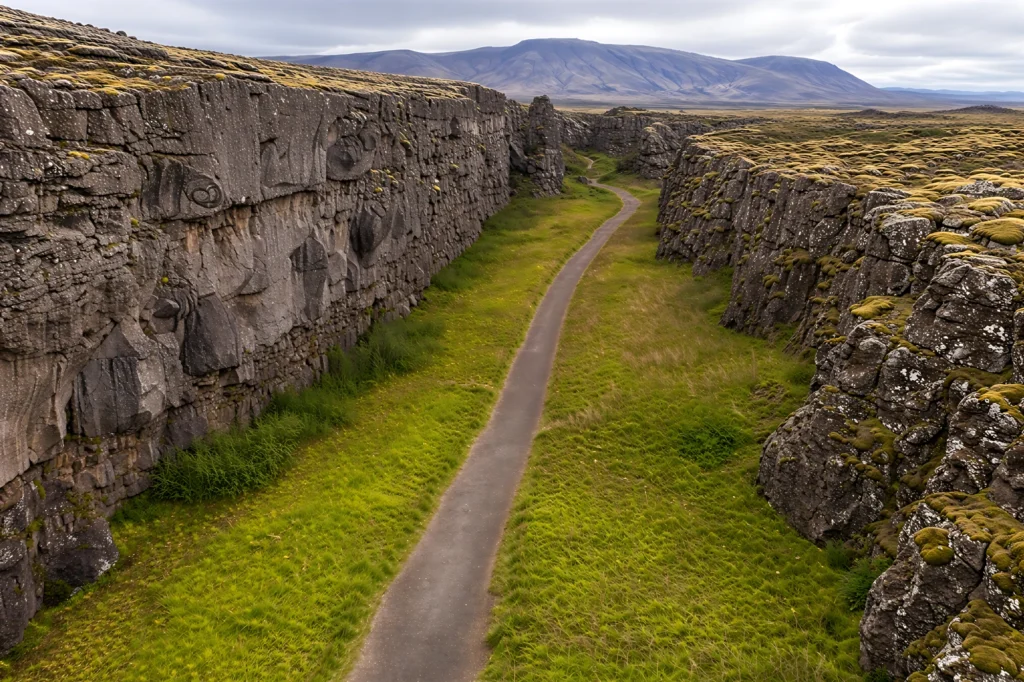 Sendero entre las paredes de la falla tectónica de Almannagjá en el Parque Nacional Thingvellir, Islandia.