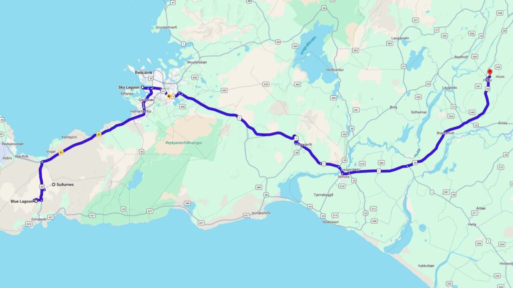 Mapa de la ruta desde Blue Lagoon y Reikiavik hasta Flúðir pasando por Selfoss en el sur de Islandia.