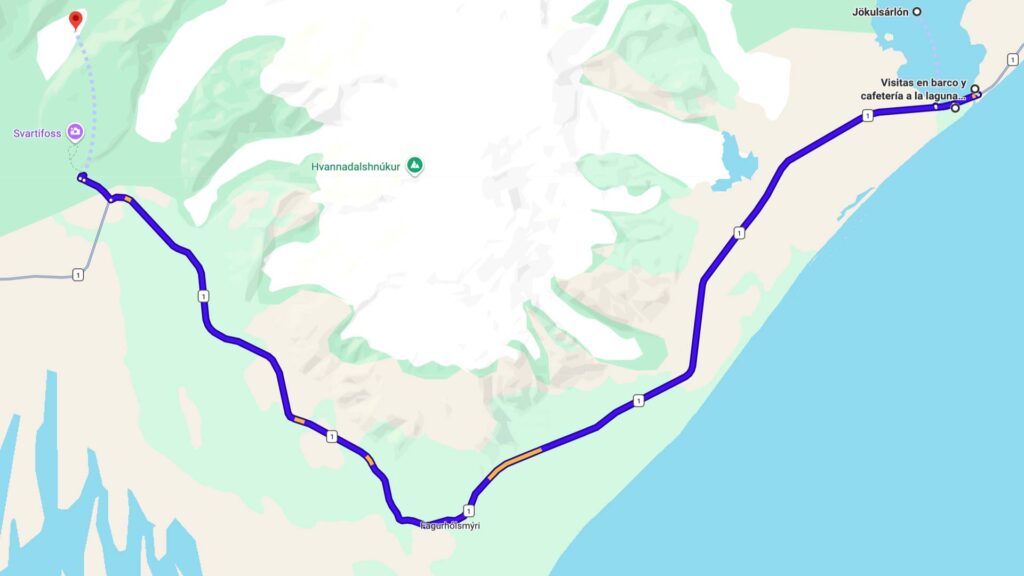 Mapa de la ruta entre Jökulsárlón y la cascada Svartifoss en el Parque Nacional Vatnajökull, Islandia.