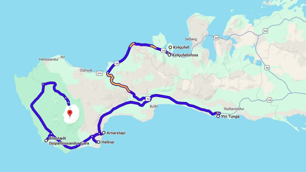 Mapa de la ruta por la península de Snæfellsnes con paradas en Kirkjufell, Arnarstapi, Djúpalónssandur y Ytri Tunga en Islandia.