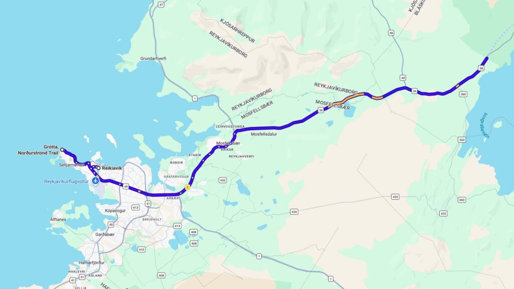 Mapa de la ruta desde Reikiavik hacia el Parque Nacional Þingvellir pasando por Mosfellsbær en Islandia.