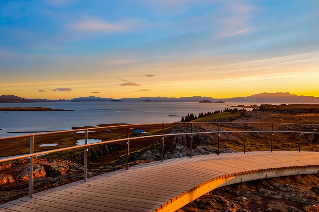 Mirador de Hakið con vistas al lago Thingvallavatn al atardecer en el Parque Nacional Thingvellir, Islandia.