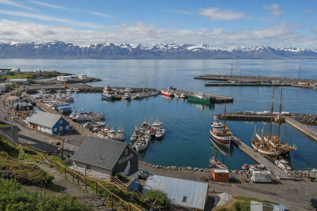 Puerto de Húsavík con barcos pesqueros y montañas al fondo en Islandia