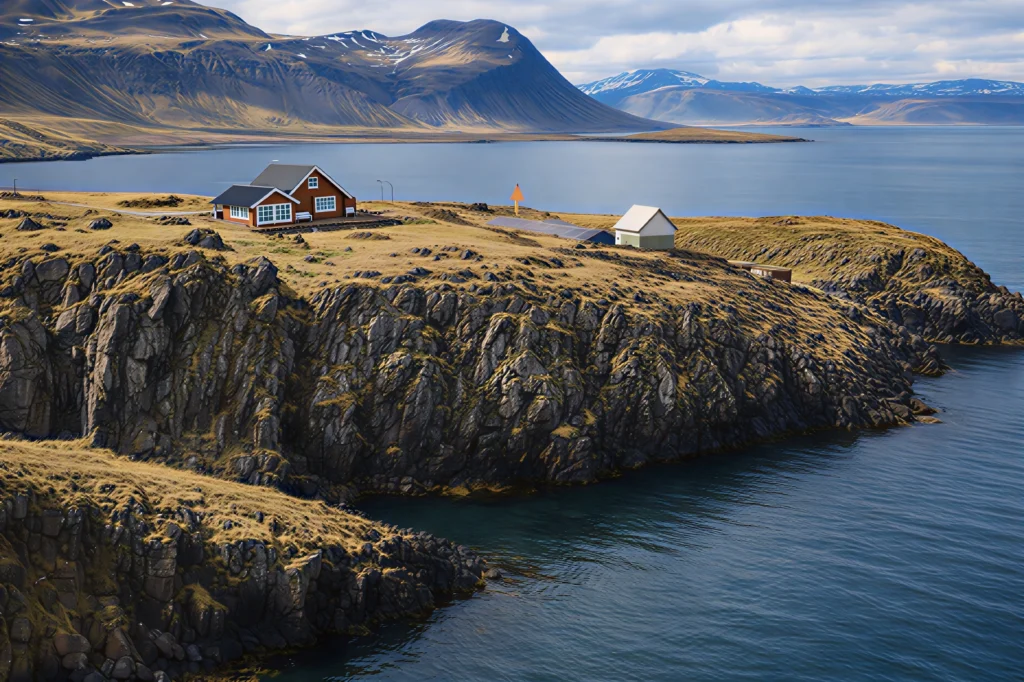 Casa sobre acantilado en Stykkishólmur con fiordo y montañas al fondo en Islandia