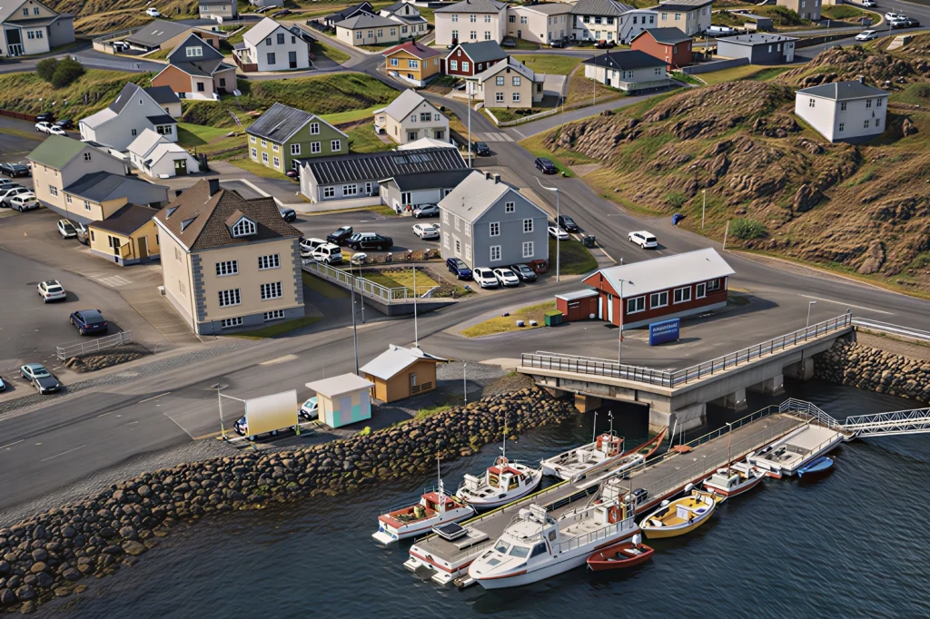 Vista aérea de Stykkishólmur con casas de colores y puerto en Islandia
