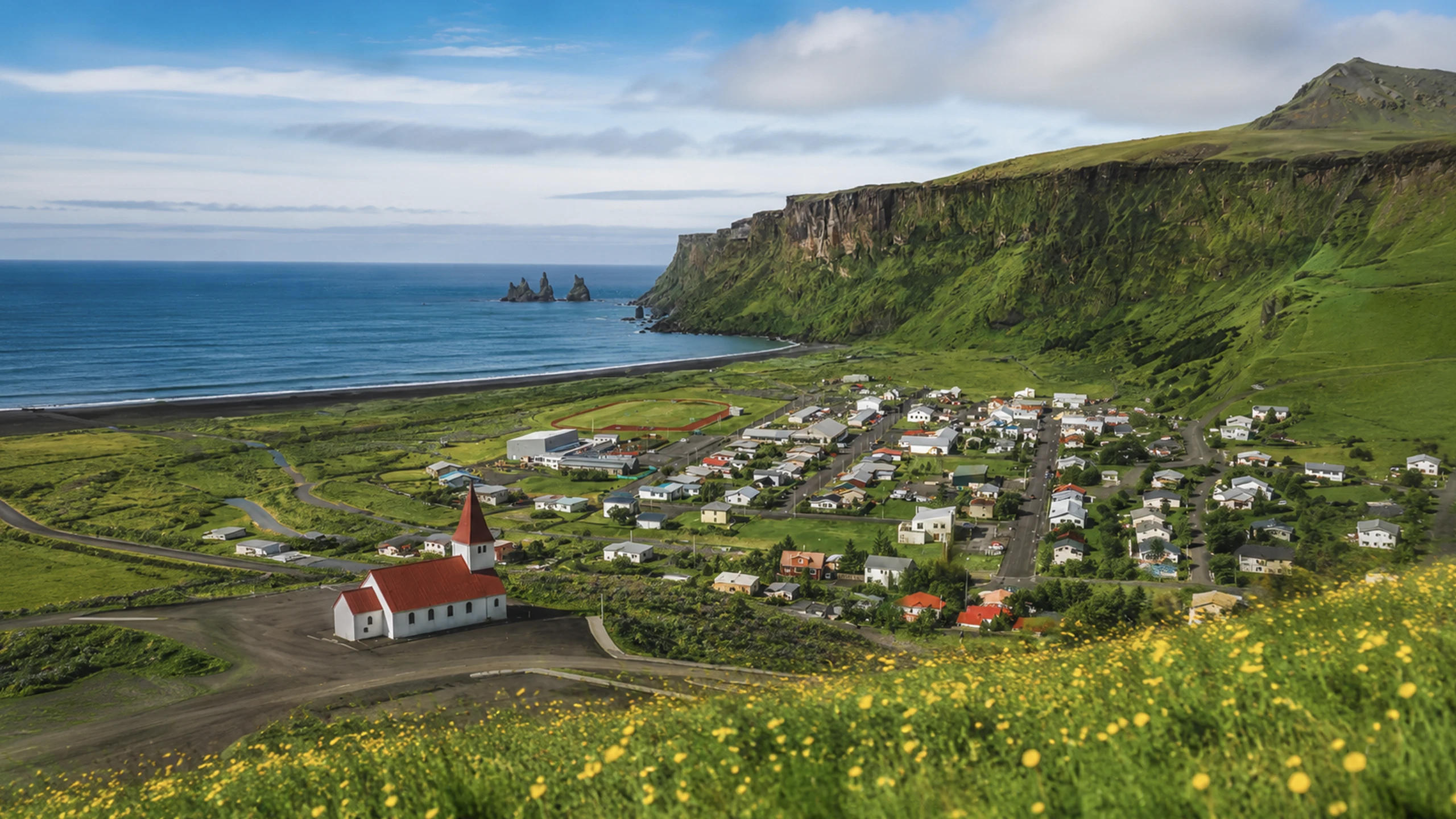 Vista panorámica de Borgarfjörður Eystri con iglesia roja, acantilados verdes y costa del este de Islandia