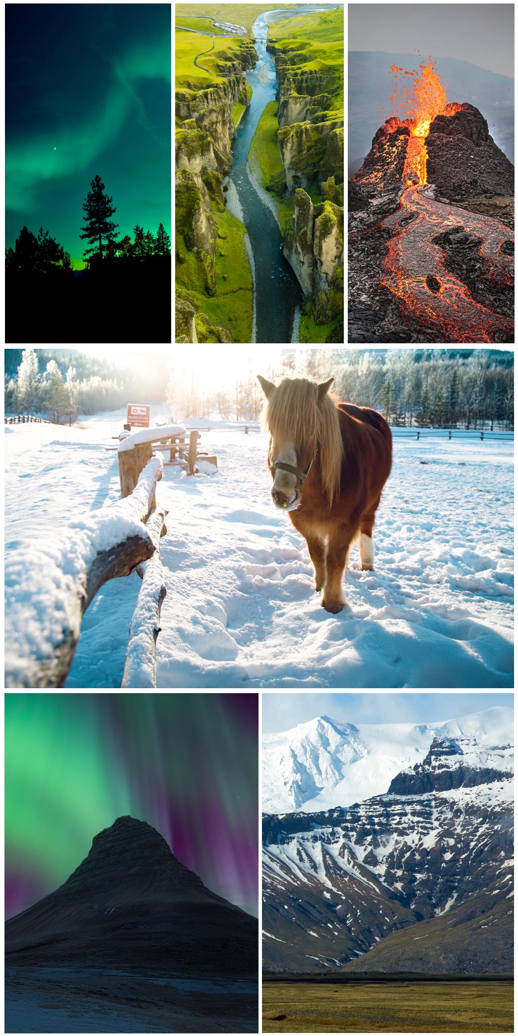 Collage de paisajes de Islandia con auroras boreales, cañón, volcán en erupción, caballo islandés y montañas nevadas