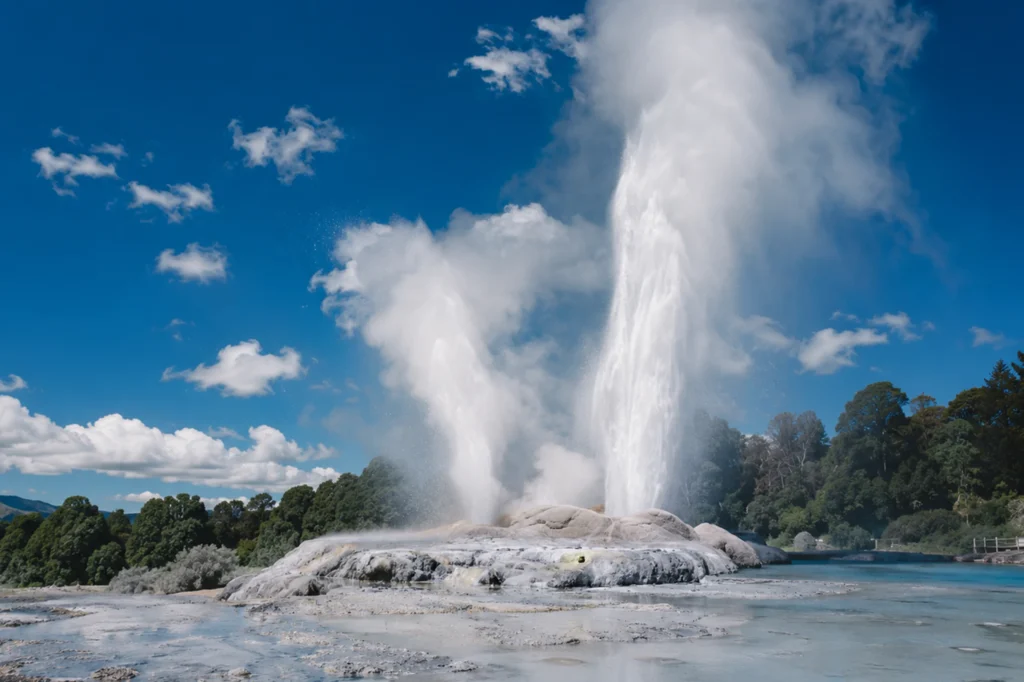 Géiser en erupción con dos columnas de agua y vapor en paisaje natural