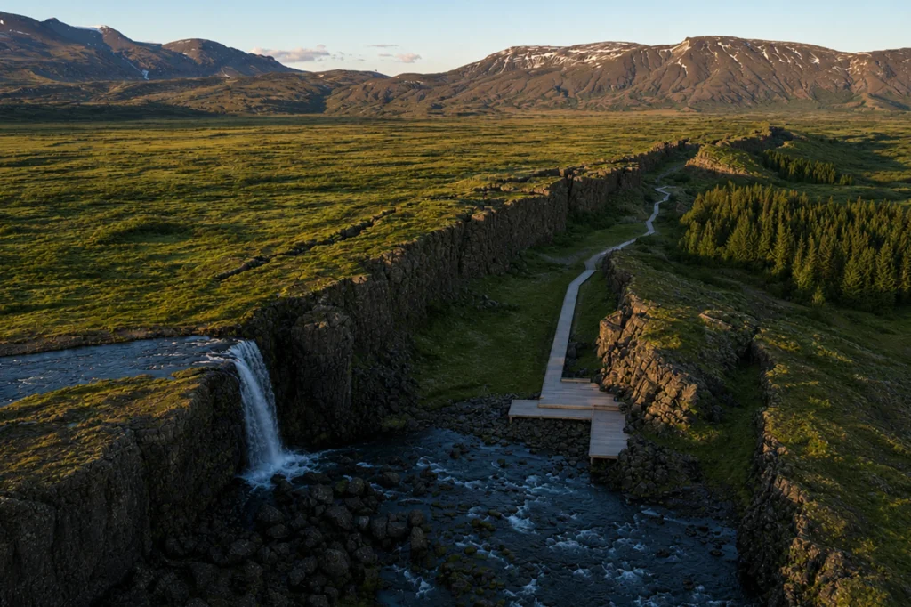 Vista aérea de la cascada Öxarárfoss en Thingvellir con sendero entre placas tectónicas al atardecer