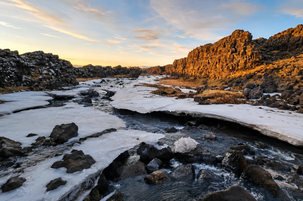 Río parcialmente congelado en Thingvellir con formaciones de basalto y paisaje volcánico al atardecer