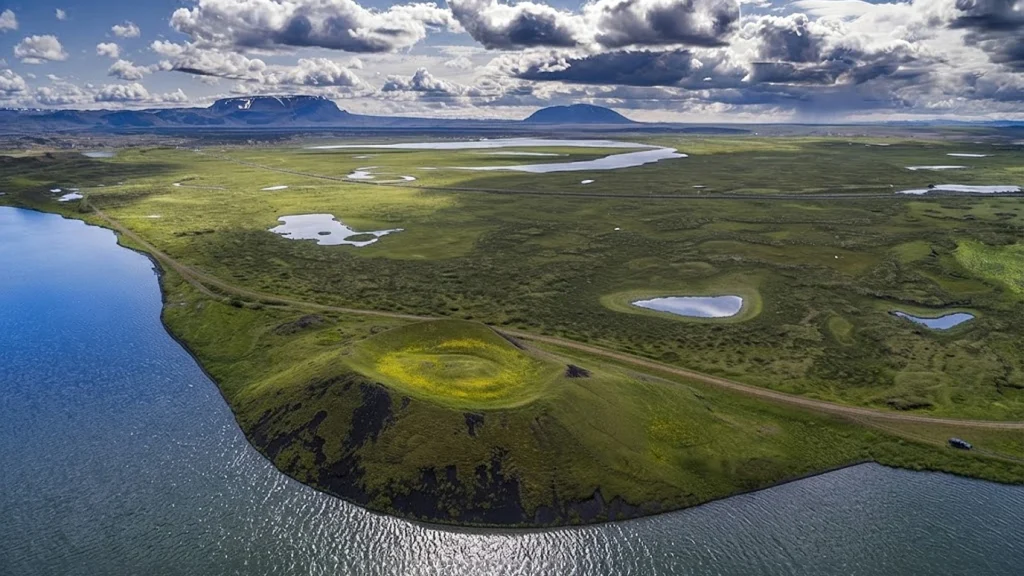 Baños geotermales en Mývatn con aguas termales azules rodeadas de paisaje volcánico en Islandia