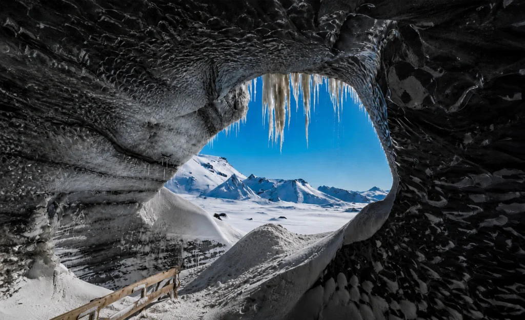 Cueva de hielo en Katla con carámbanos y vista a montañas nevadas en Islandia