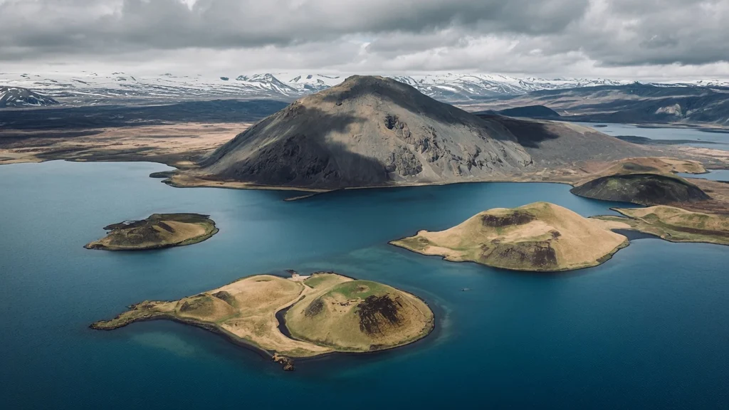 Islotes volcánicos en el lago Mývatn con cráter central y montañas nevadas al fondo en Islandia