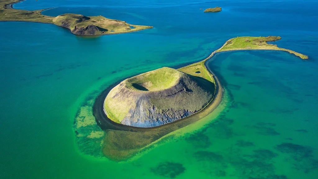 Pseudocráter volcánico en el lago Mývatn con aguas turquesas e islotes verdes en Islandia