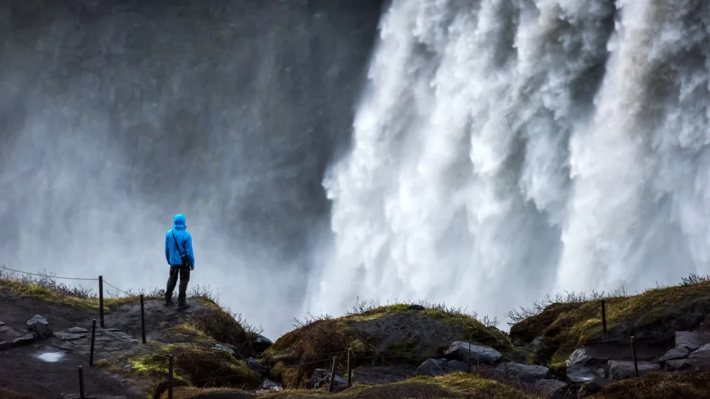 Visitante con chaqueta azul y capucha frente a una gran cascada, entre la bruma del agua.